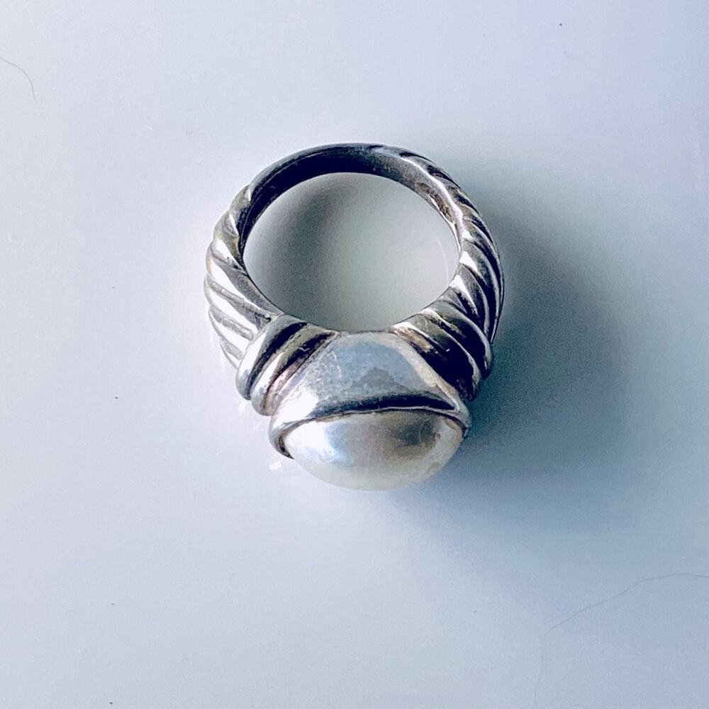 Sterling Silver Faux Pearl Cable Ring